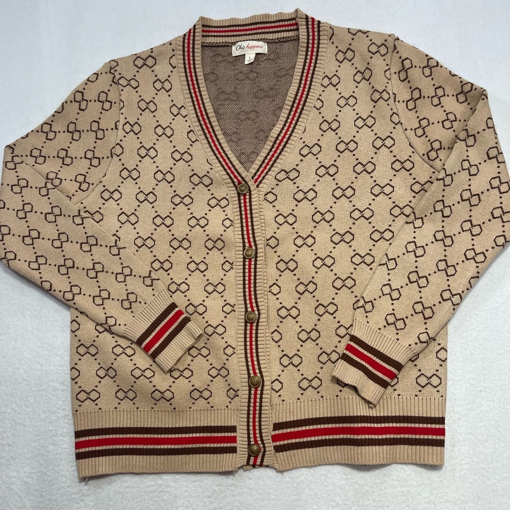 Chic Happens Tan Monogram Cardigan L Striped Trim Button Sweater